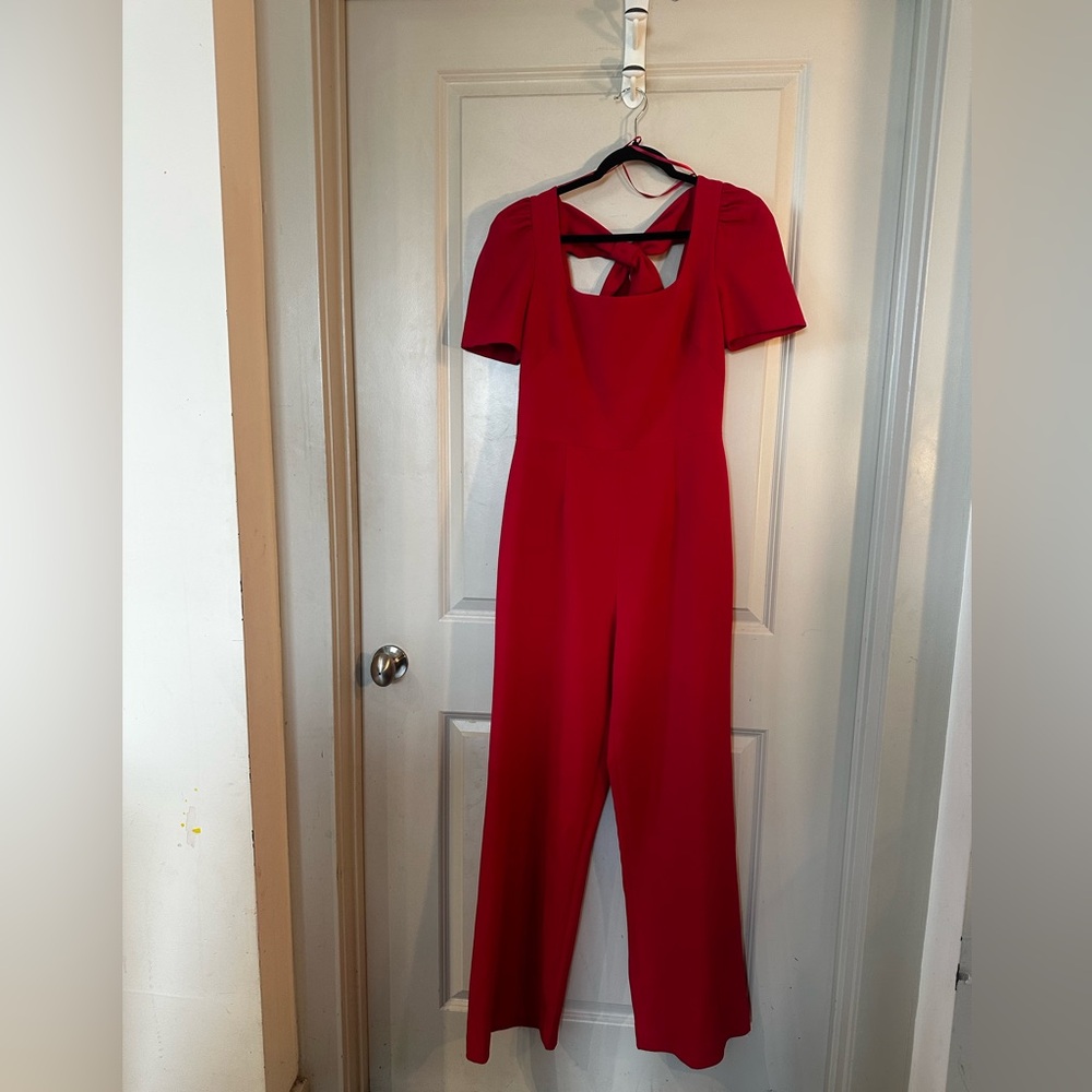 Eliza J Square Neck Bow Tailored Wide Leg Hot Pink Jumpsuit, Size 6